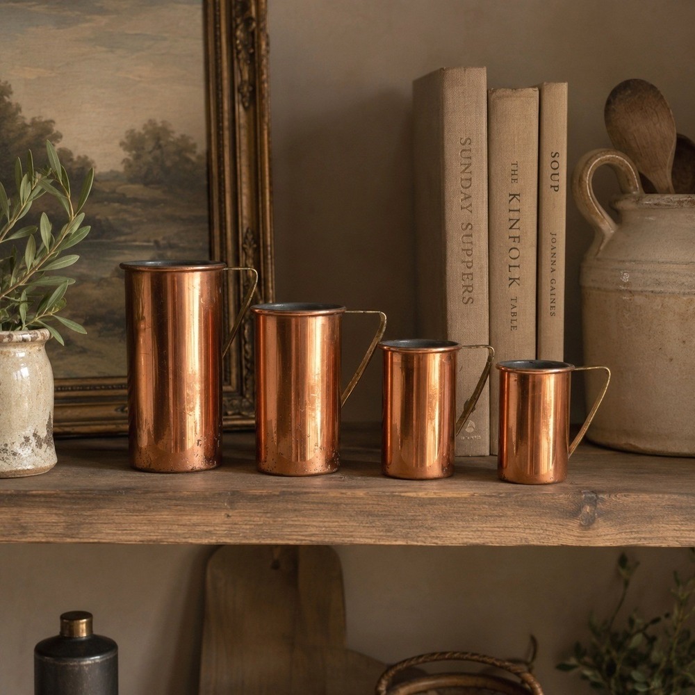 Vintage Copper Tin-Lined 4 Measuring Cups Set  with riveted brass handles